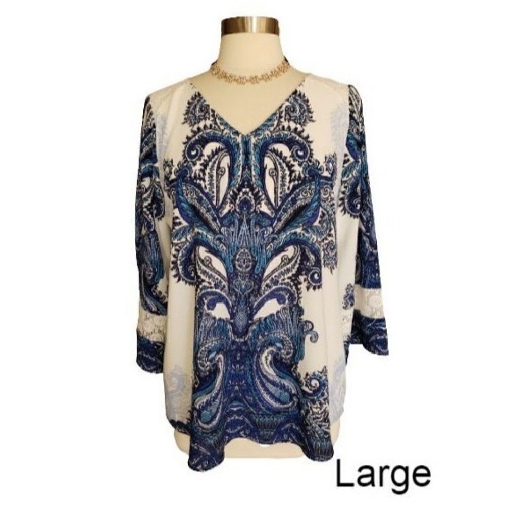 Women's Tunic Lace V-Neck Boho Blouse 3/4 Sleeve Blue Paisley Top Large NWOT